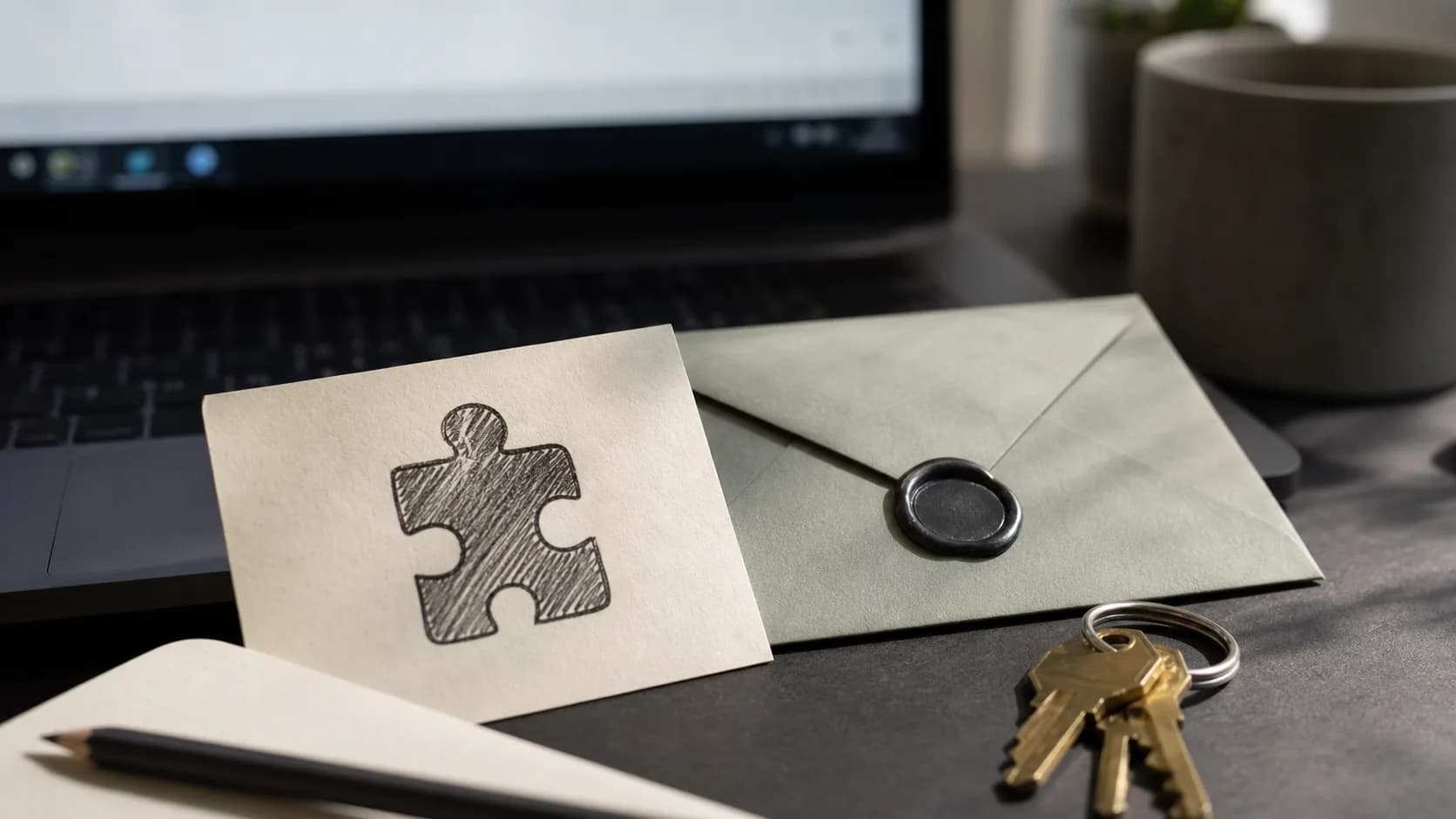Paper extension symbol, sealed envelope and keys arranged beside a laptop.