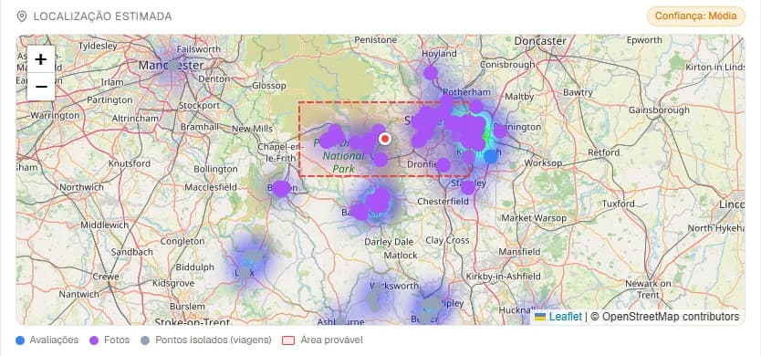 Relatório de localização estimada do GHunt: heatmap das contribuições públicas do Google Maps sobre uma base OpenStreetMap, retângulo de área provável em volta do cluster dominante, marcador central, e selo de confiança média.