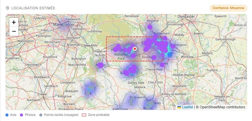 Rapport de localisation estimée GHunt : heatmap des contributions publiques Google Maps sur un fond OpenStreetMap, rectangle de zone probable autour du cluster dominant, point central, et badge de confiance moyenne.
