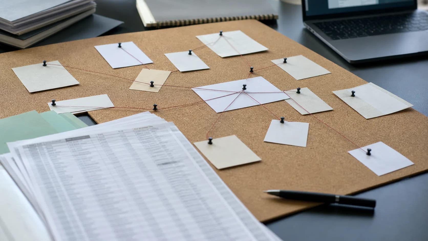Flat investigation board with pinned cards and blurred spreadsheet sheets for email OSINT work.