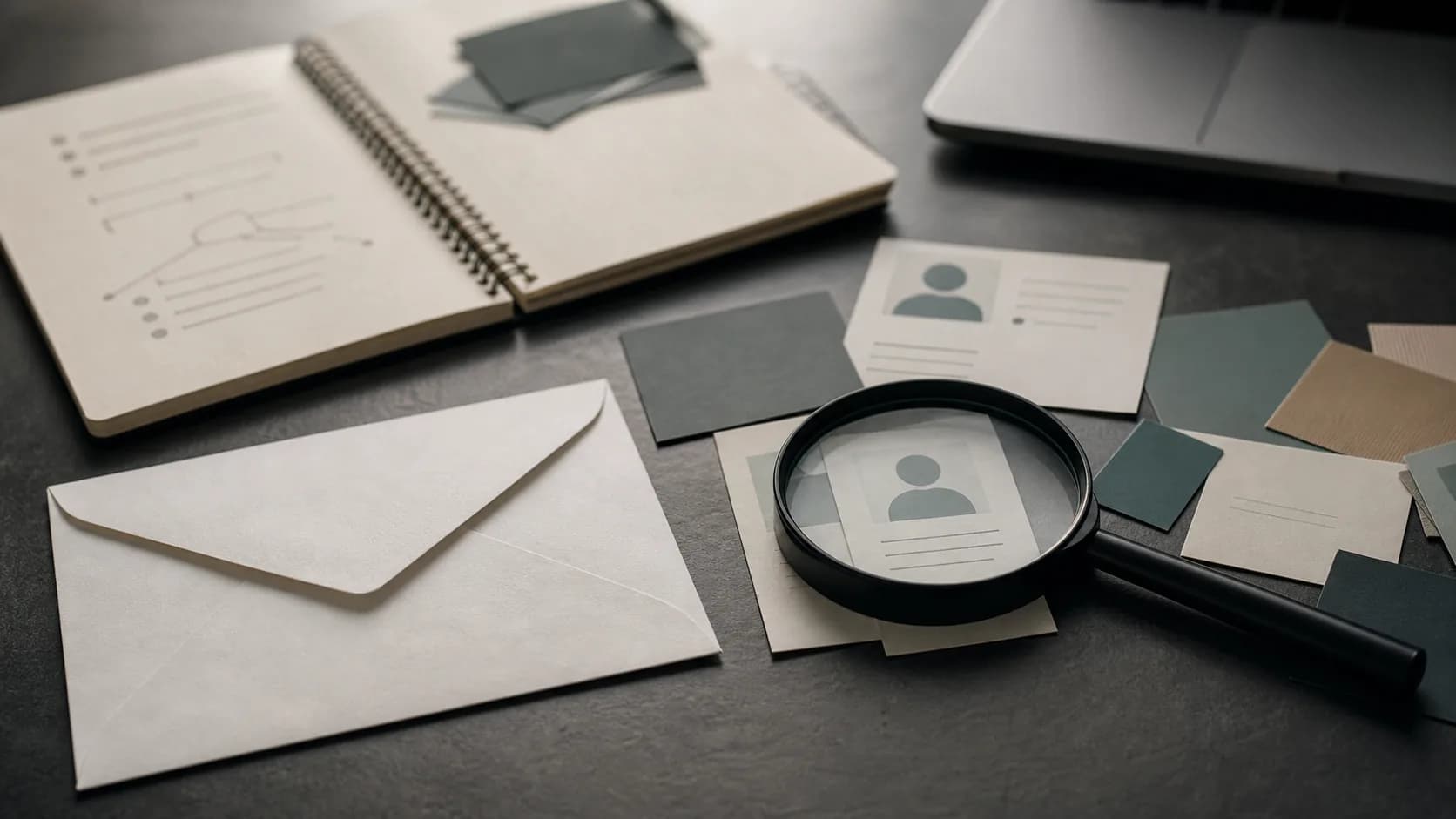 Blank envelope, profile cards and magnifying glass representing a reverse email lookup.