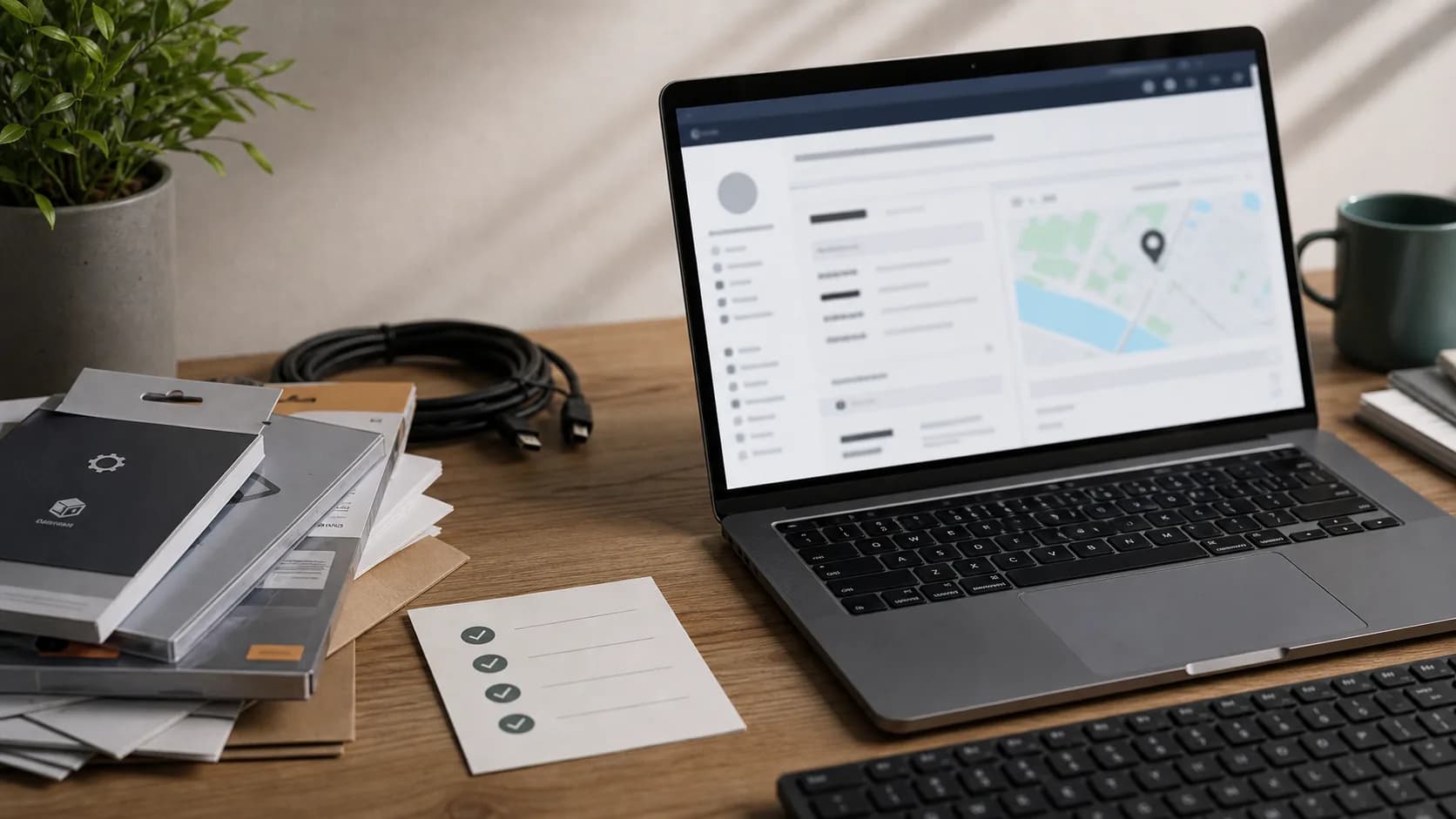 Work laptop showing a blurred browser report beside generic setup paperwork and a checklist.