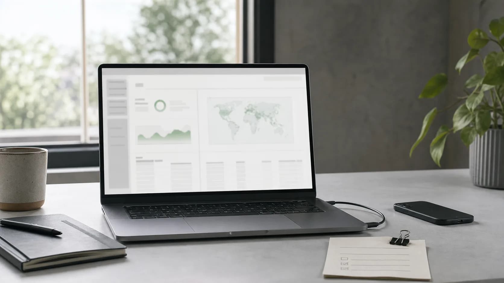 Laptop showing a blurred browser report on a quiet desk by a window.