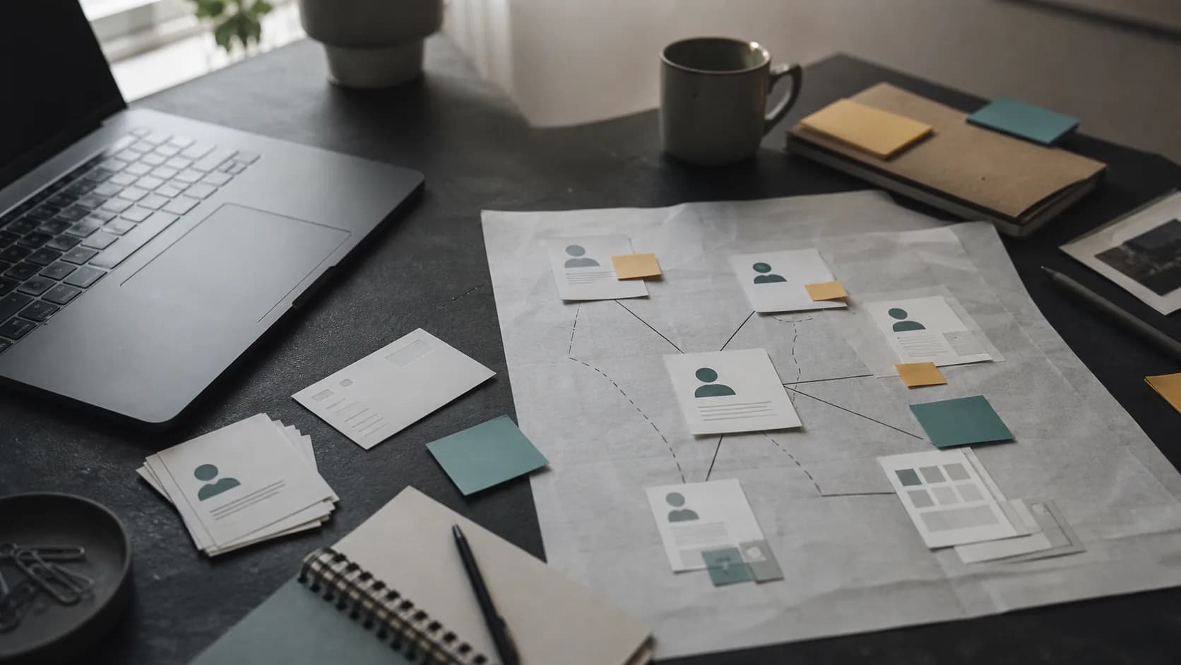 Editorial desk scene showing abstract public profile cards connected into an OSINT map.