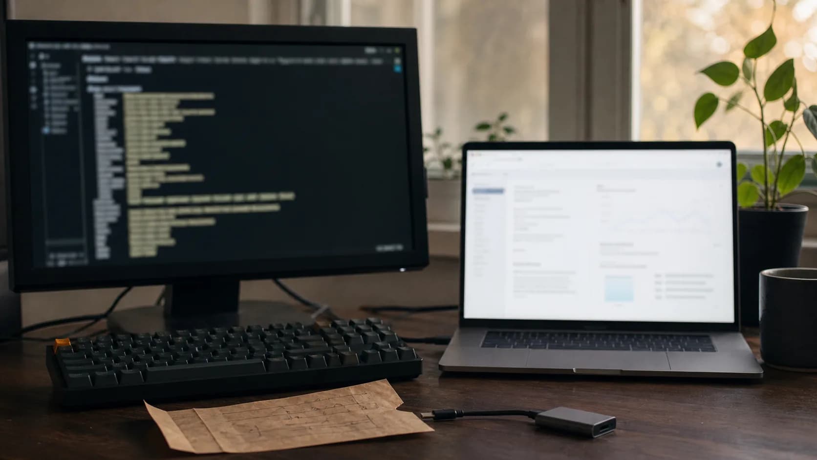 Two-screen desk setup comparing a blurred terminal workflow with a browser report.