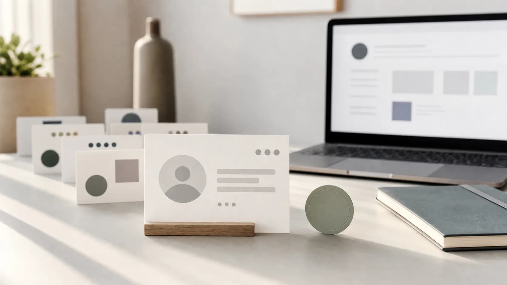 Abstract account card and neutral identifier token arranged beside a blurred laptop report.