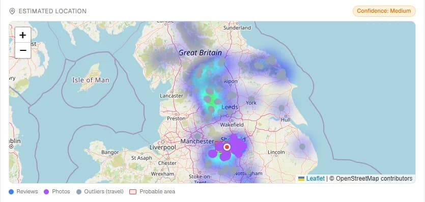 GHunt estimated location report: heatmap of public Google Maps contributions over an OpenStreetMap base, with a probable area rectangle around the dominant cluster, a center marker, and a medium confidence badge.