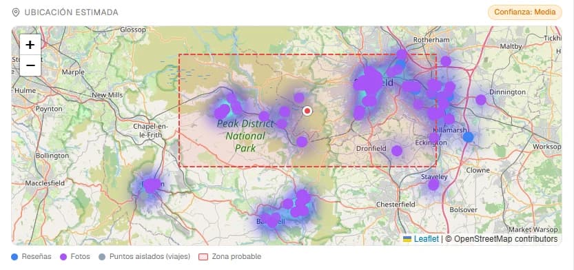 Informe de ubicación estimada de GHunt: heatmap de las contribuciones públicas de Google Maps sobre una base OpenStreetMap, rectángulo de área probable alrededor del cluster dominante, marcador central, y distintivo de confianza media.