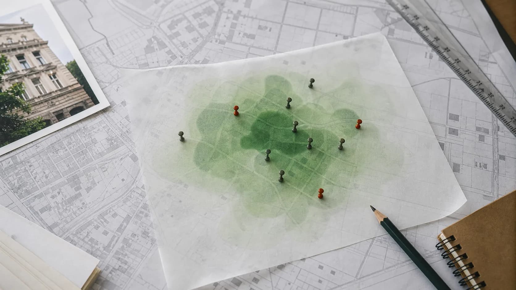 Printed city map with translucent density marks and pins showing a probable public activity cluster.